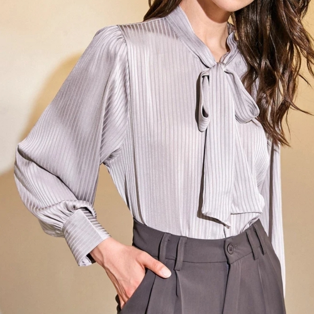 J.ING Grey Chiffon Tie-Neck Striped Shirt